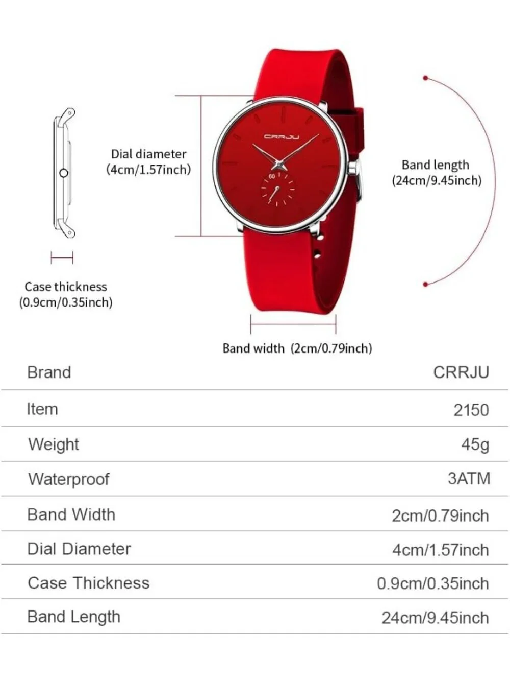 Crrju Men's Red Stylish Waterproof Quartz Unisex Ultra Silicone Band Round Watch
